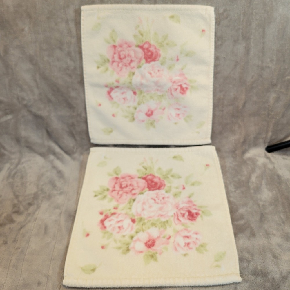 Terrisol Washcloth VTG Set 12x12 Cream Pink Rose Floral Cotton Karsten Brazil